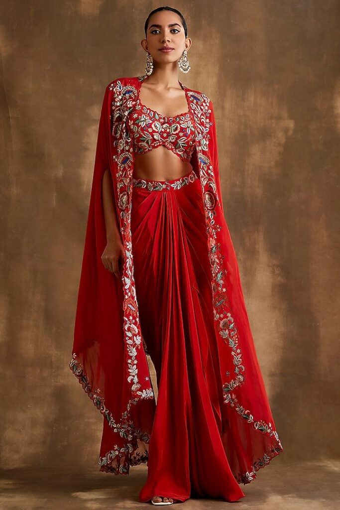 cape gowns with ethnic embellishments